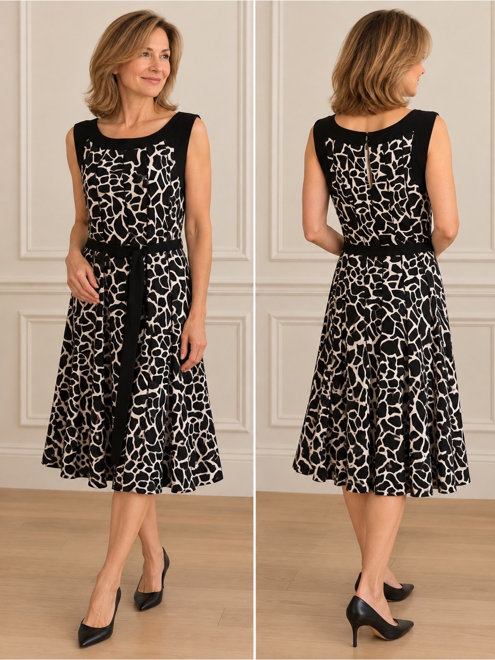 Jolie Vintage Black & Ivory Sleeveless Belted Dress Size 14 Made in Canada